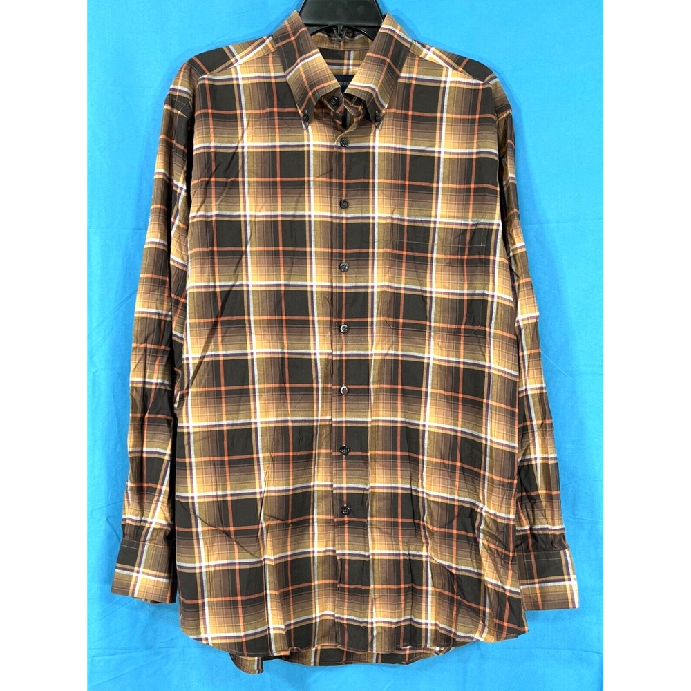 SCOTT BARBER Men's BROWN/ORANGE Plaid TWILL 1-Pocket CASUAL Button-Up SHIRT Sz L
